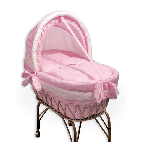 Culla Fior di NannaTeo in vimini, con capote ruote piccole col. Rosa